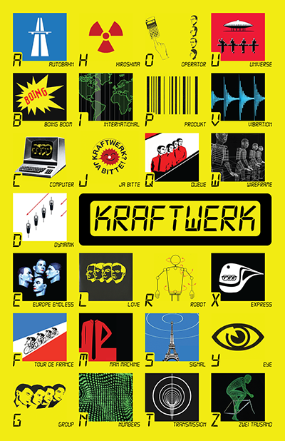 SI520: Graphic Design, Fall 2015. Poster for the classic band Kraftwerk, whose music evokes both wonder and alarm with/at technology, Illustrator and Photoshop