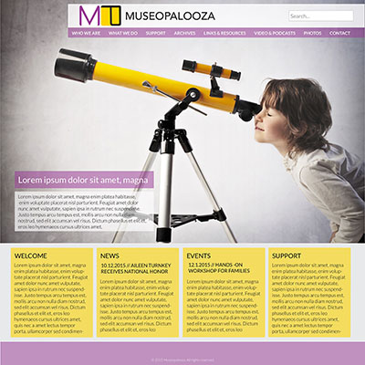 SI520: Graphic Design, Fall 2015. Museopalooza website and logo mockup, 1 of 3, Illustrator and Photoshop