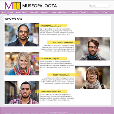 SI520: Graphic Design, Fall 2015. Museopalooza website and logo mockup, 2 of 3, Illustrator and Photoshop